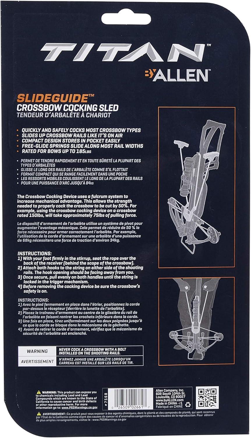 image:imageTitan SlideGuide Crossbow Sled by Allen Company Fits Most Recurve and Standard Crossbows SelfAligning Rail Guide Reduces Cocking Effort Silicone Handles Rated up to 185 lbs Black