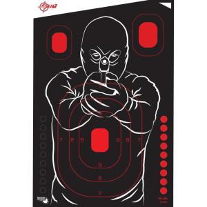EZ Aim Splash Reactive Paper Shooting Targets Bad Guy Silhouette, Instant Yellow Impact Feedback, 12″x18″ Pistol Rifle Training, 5-Pack Black/Red