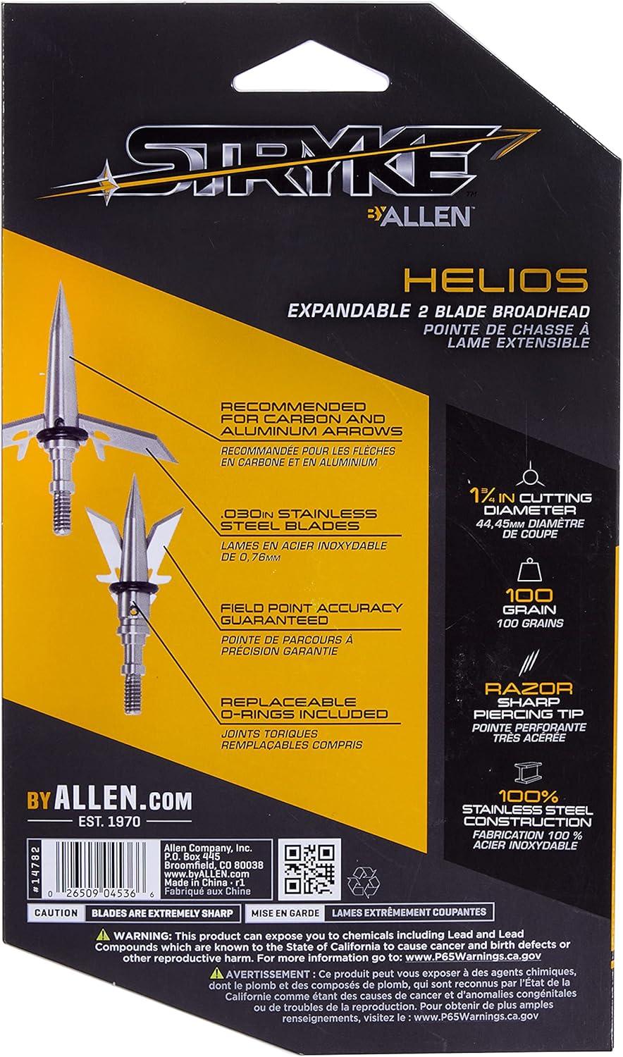 image:imageAllen Company Stryke Helios 2 Blade Steel Expandable Broadhead by Allen Company Swift Terminal Performance 100 Grain 175 1 34 Inch Cutting Diameter 3 Pack Metal